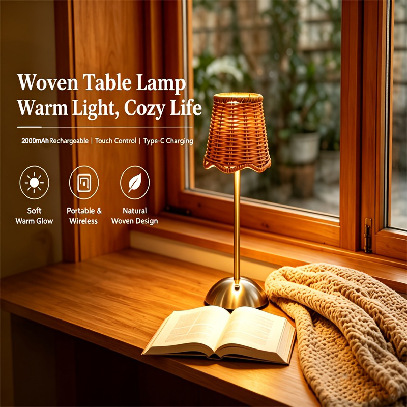Desk Lamp Led - ボヘミアンスタイルの編み込みラタンアートテーブルランプ、3段階調光、タッチコントロール、USB、金属製、寝室、リビングルーム、書斎、ダイニングルーム照明、家族や友人へのギフト