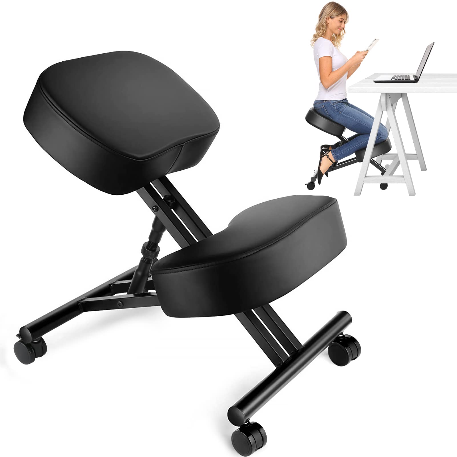 Home Office Chair - オフィス用のエルゴノミクスニーリングチェア、家庭およびオフィス用の調節可能なスツール - 角度のあるシートで姿勢を改善