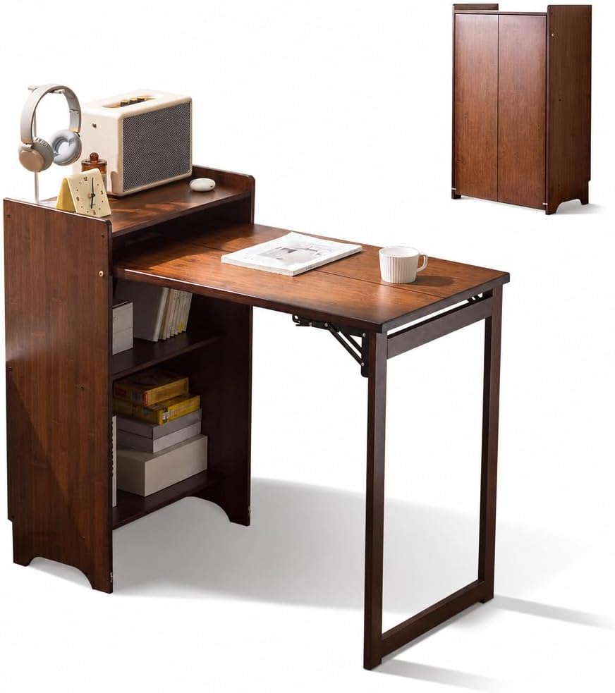 Home Office Hideaway Desk - 竹製折りたたみデスク、収納棚付き、省スペース隠しドロップダウンテーブル、多機能本棚付きコンピューターワークステーション、ホームオフィス、寝室、書斎用、ナチュラル仕上げ、一体型