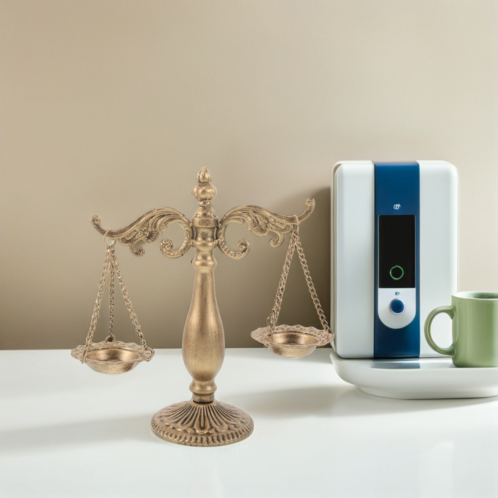 Home Office Library - ヴィンテージメタル製天秤座の秤の彫刻、鉄製オーナメント、レトロな正義の秤、オフィスデスク、ホームライブラリ、弁護士向け