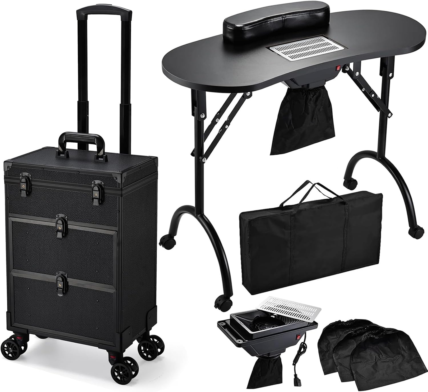 Rolling File Cart - 黒色のローリングメイクアップトレインケース、折りたたみ式マニキュアテーブル、電動ネイルダストコレクター、特大引き出し付きサロン用トロリーカート