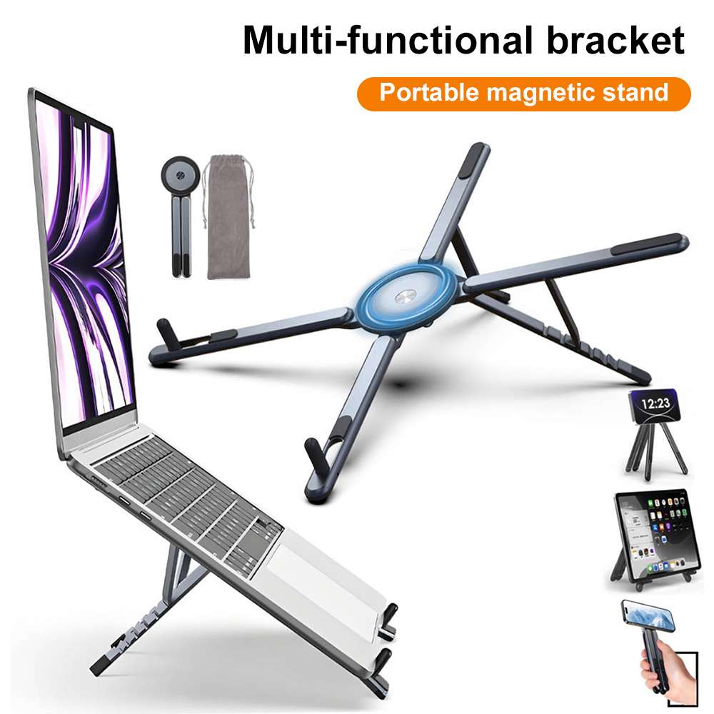 Laptop Stand Foldable - 携帯電話用マグネット式ホルダー＆自撮り棒 3-in-1 折りたたみ式三脚スタンド iPhone、iPad、タブレット、ノートパソコン、デスクトップ用