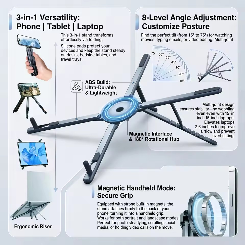 携帯電話用マグネット式ホルダー＆自撮り棒 3-in-1 折り - Laptop Stand Foldable のレビューと価格