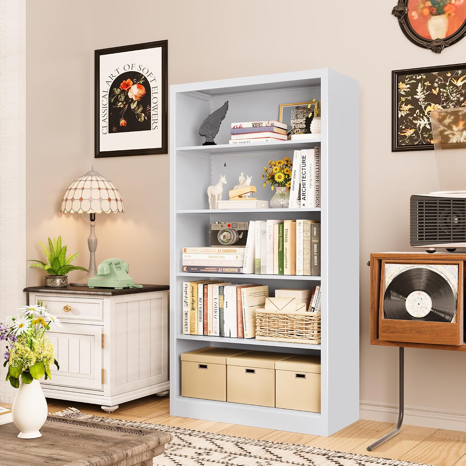 5段メタルブックケース、本、CD、おもちゃの収納に最適、ホー - Home Office Library のレビューと価格